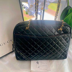 CHANEL 🔥CC Logo Matelasse Chain Shoulder Tote Bag Leather Black